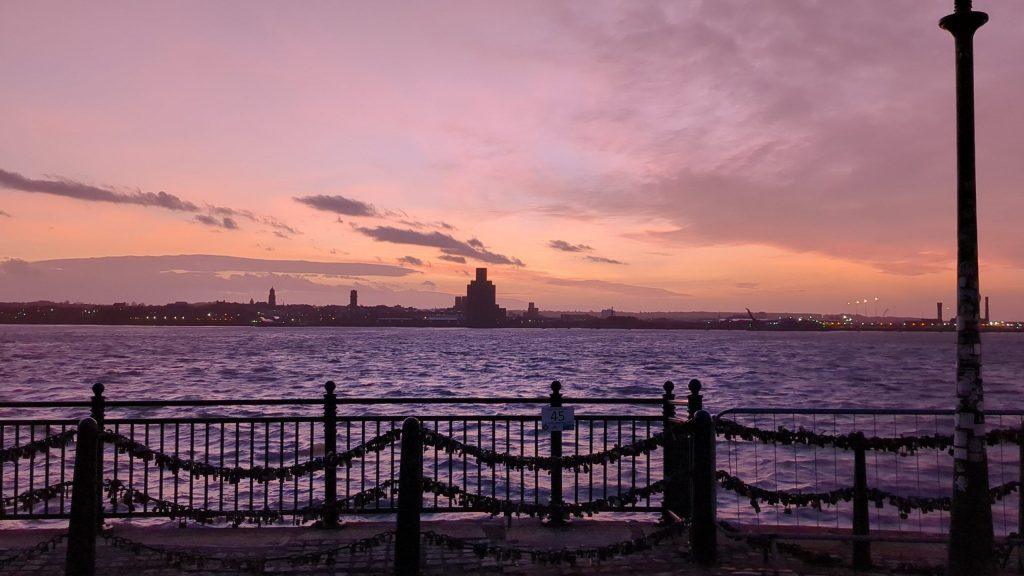Sunset over the Mersey river, Liverpool
